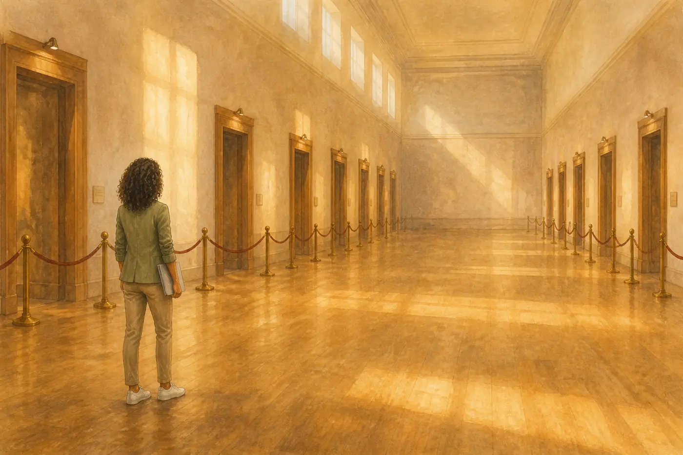 A picture-book spread of a grand sunlit hall lined with doors, one small figure walking toward them