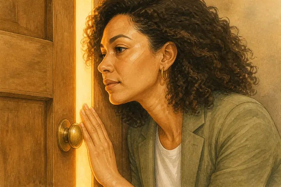 A picture-book spread of a woman listening closely at a warm-lit door