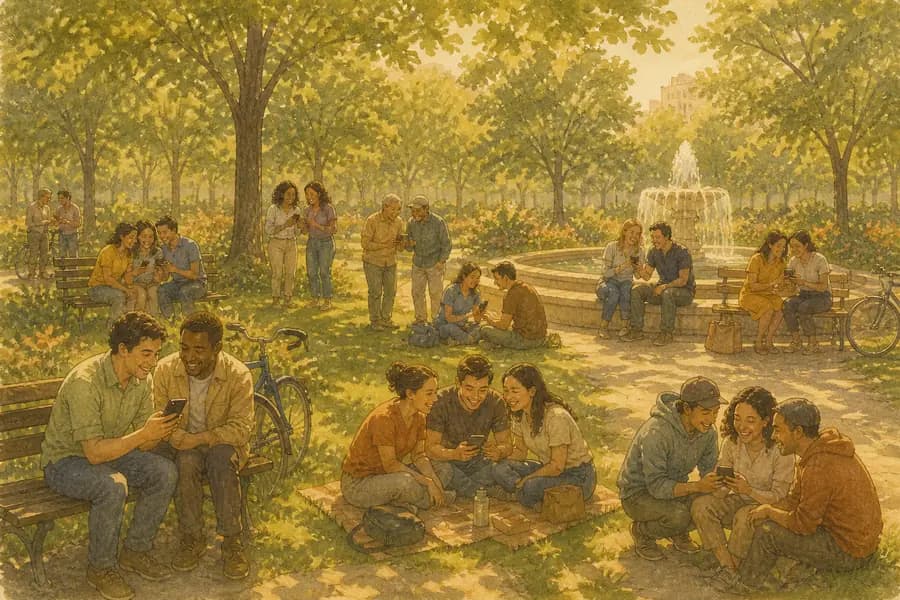 A picture-book spread of families gathered in a green park around a fountain on a summer afternoon