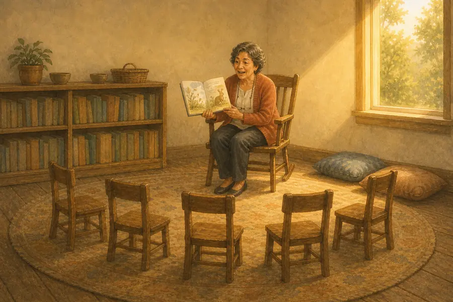 A picture-book spread of a woman reading a storybook aloud to a circle of small wooden chairs