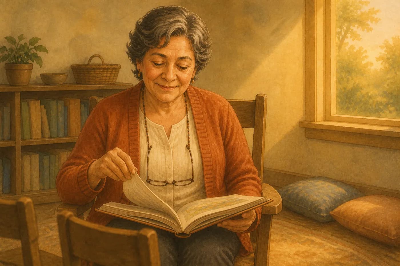 A picture-book spread of a grandmother in a warm reading room, turning the pages of a big storybook