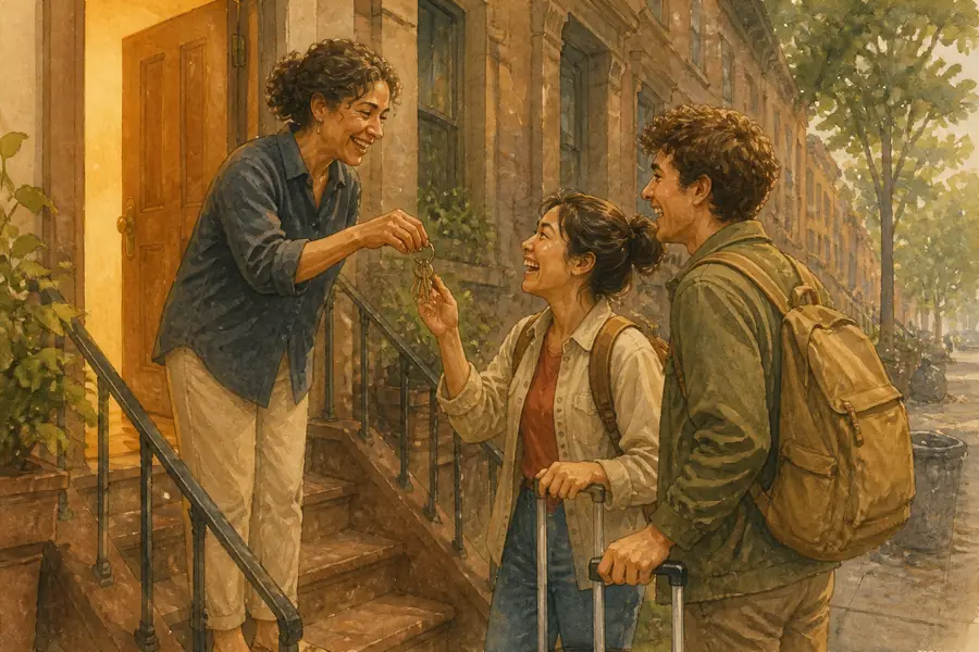 A picture-book spread of a traveler being welcomed home on a brownstone stoop