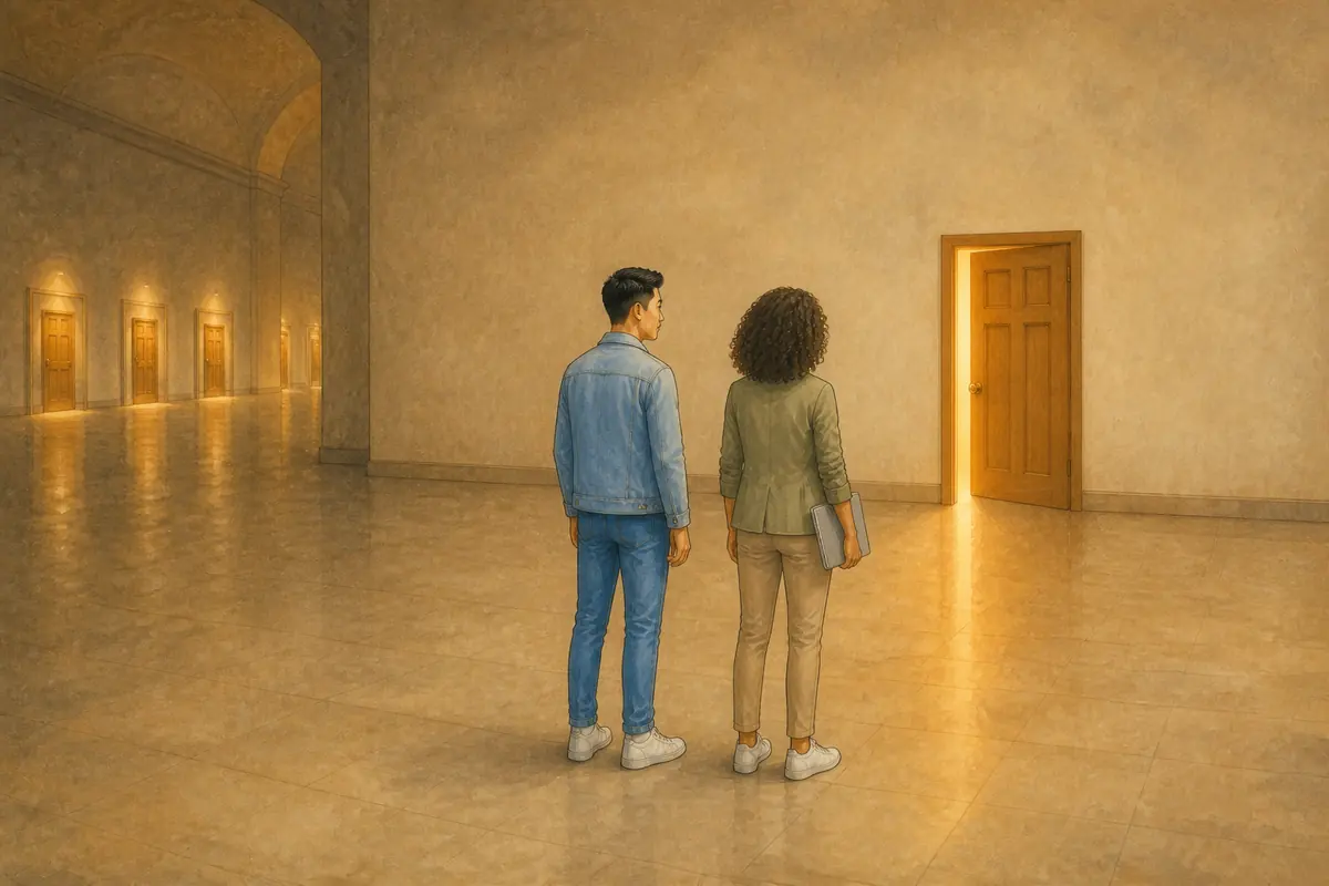 A picture-book spread of two people standing before a glowing open door in a vast quiet hall